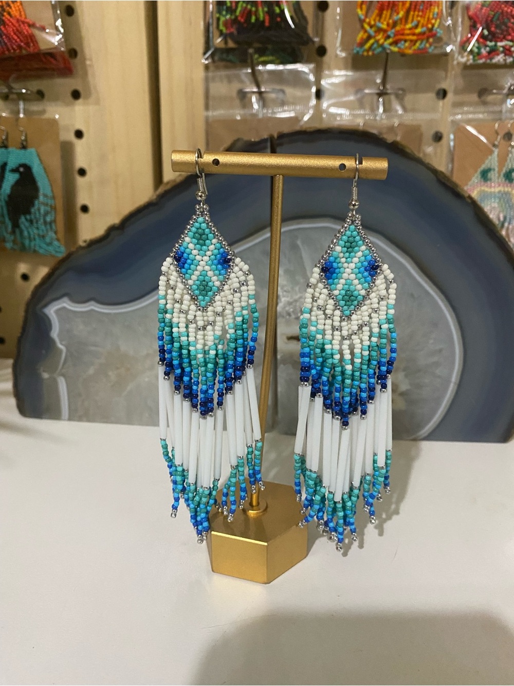 Handmade Beaded Fringe Earrings - Turquoise & White